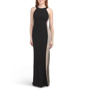 XSCAPE Black/nude Made In Usa High Neck Beaded Illusion Gown